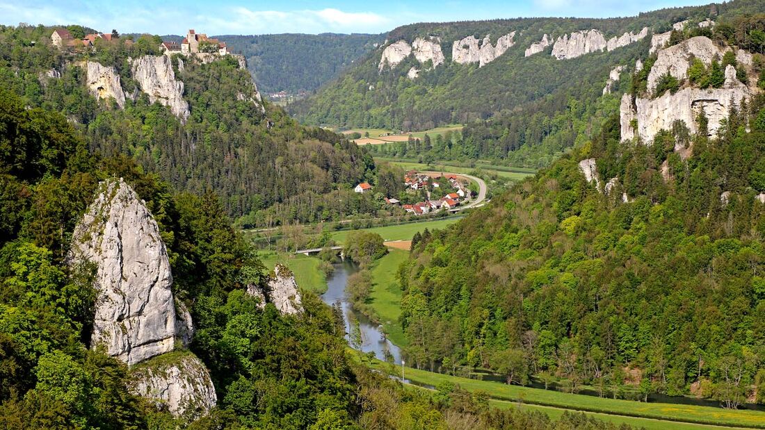 Bis zu 200 Meter ragen die weißen Kalkfelsen an der Oberen Donau empor.