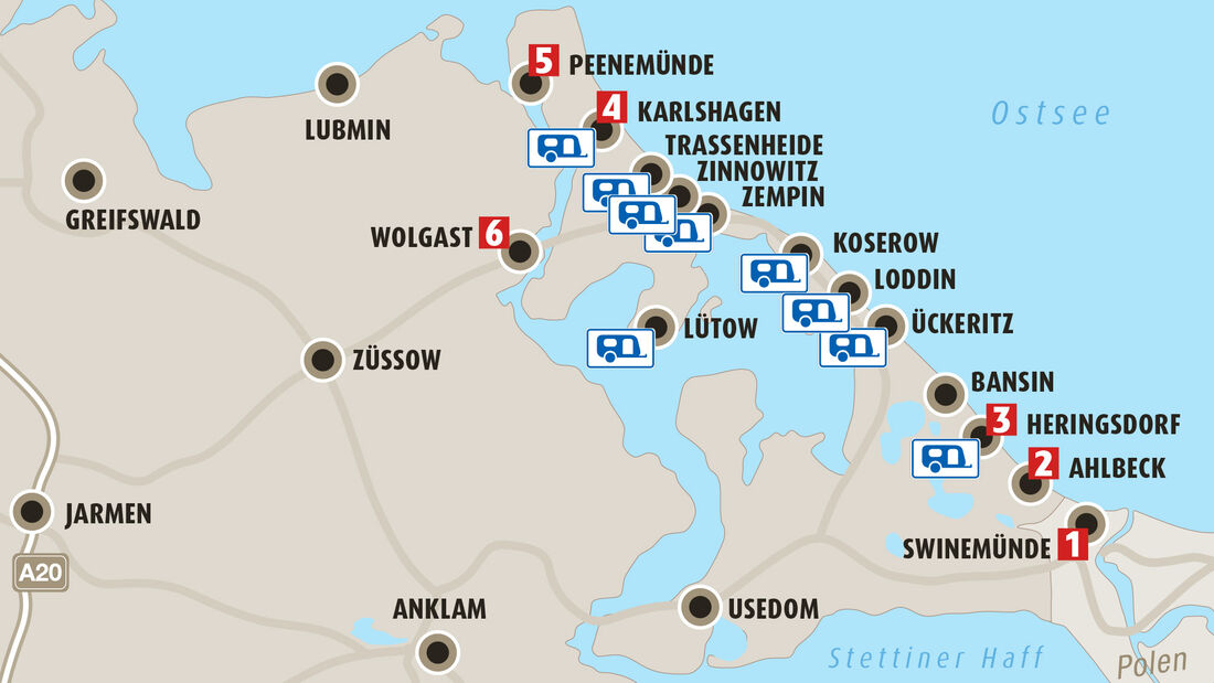 Camping-Tour Usedom: Neun tolle Campingplätze und sechs sehenswerte Orte an der Ostsee.