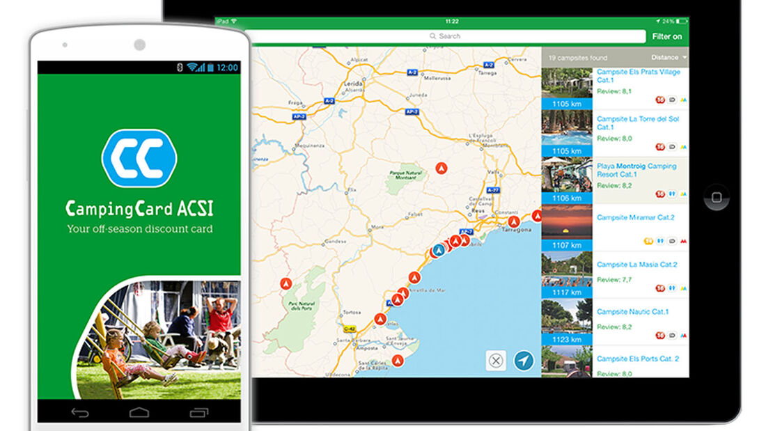 Die ACSI-App ist eine Ergänzung zum CampingCard ACSI-Führer. Man kann über GPS nach Campingplätzen in der Umgebung suchen.